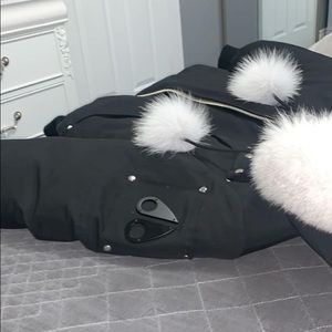 Moose Knuckle Black Bomber with white fur